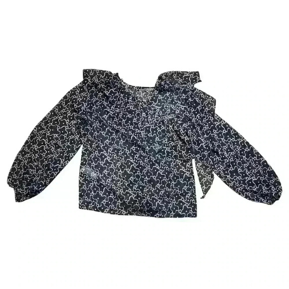 TopShop Sheer Navy Blue Red Star Print Ruffled Tiered Long Sleeve Blouse Size 4 - Picture 6 of 8